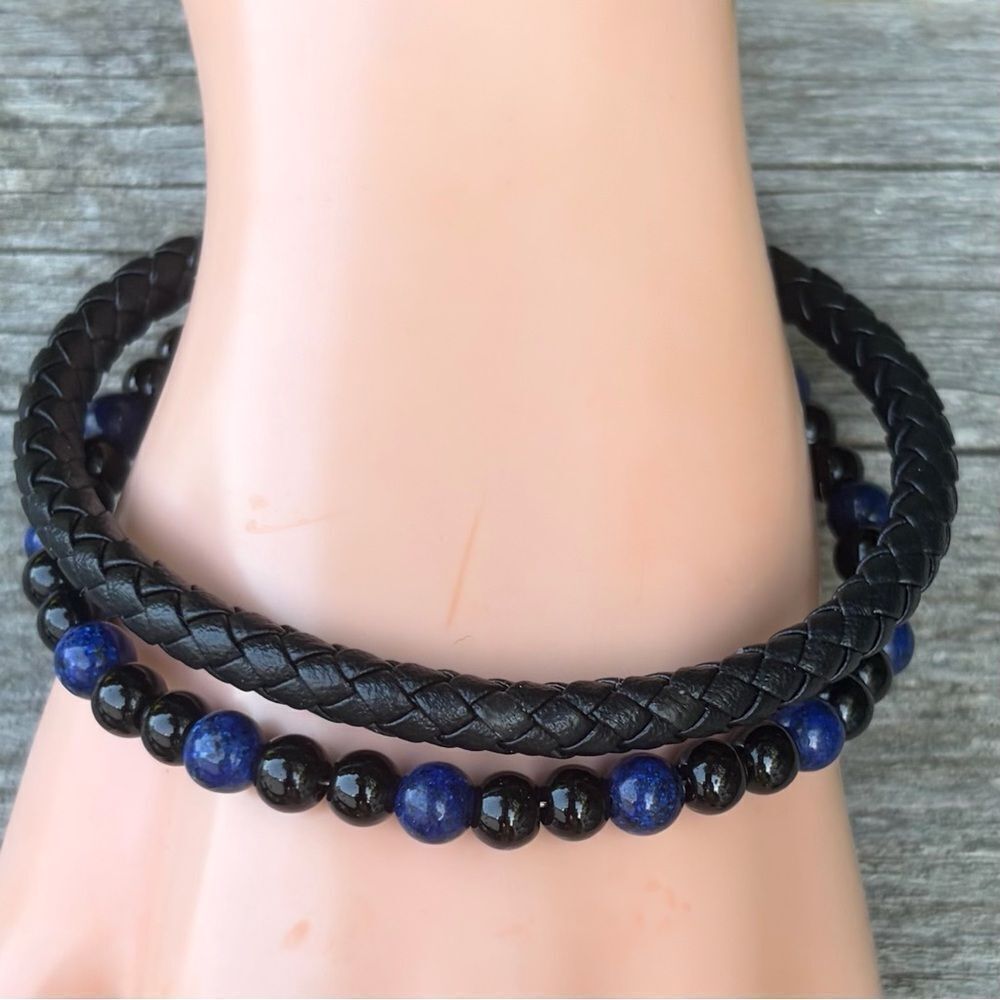 Black and Blue Round Beaded & Black Rope Double Layer Bracelet. Streetwear